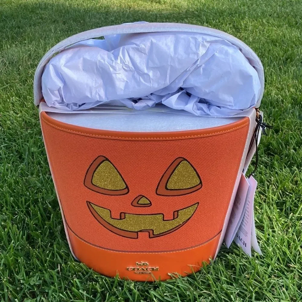 Trick Or Treat Bucket In Signature Canvas With Halloween Graphic Purse Handbag
